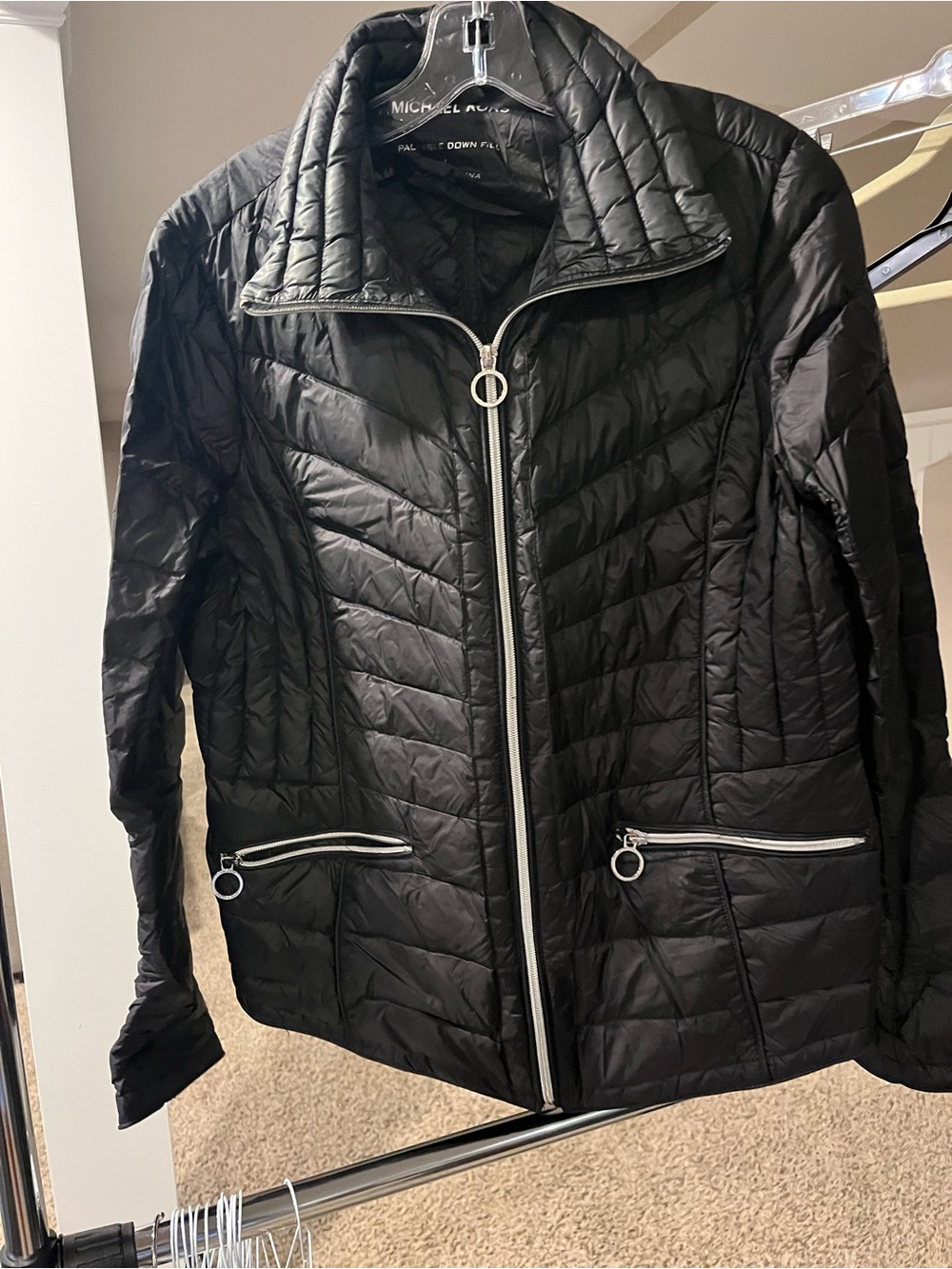 Michael Kors Black Quilted Packable Puffer Jacket with Silver Zippers